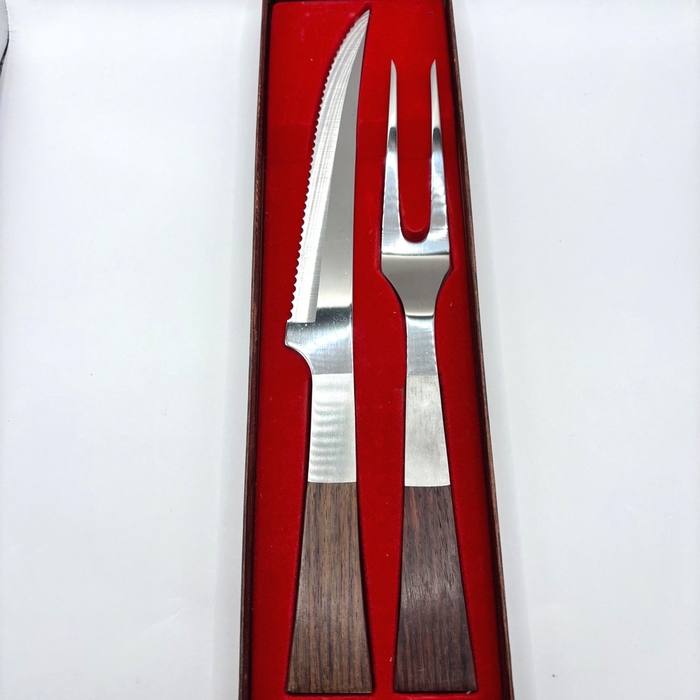 VTG Burnco Stainless Steel Japan Carving Set Rosewood Handles Knife Fork Boxed